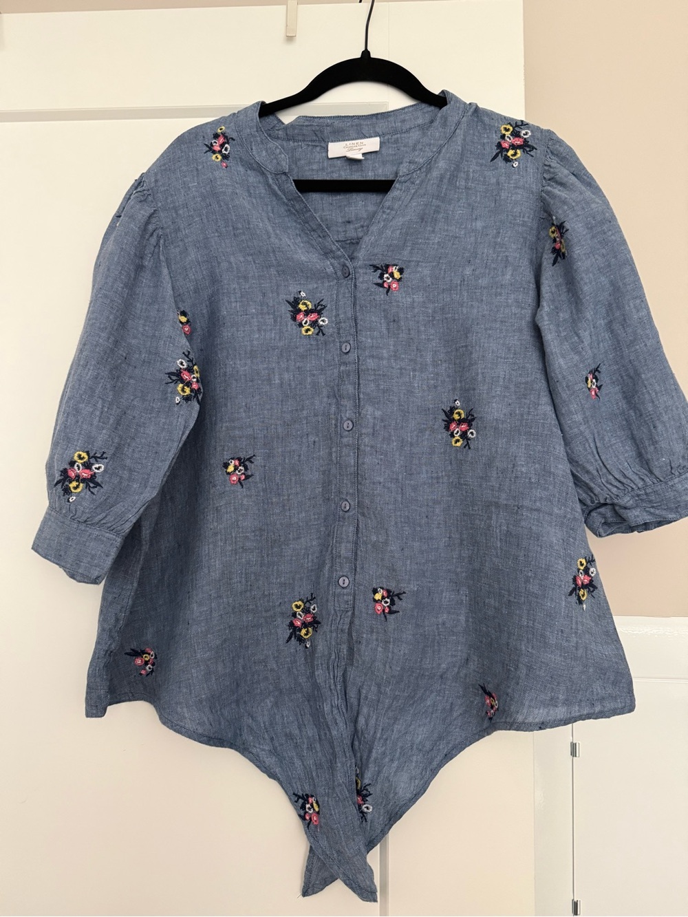 Charter Club Linen Floral Embroidered Tie-Front Blouse - XL - Picture 2 of 9